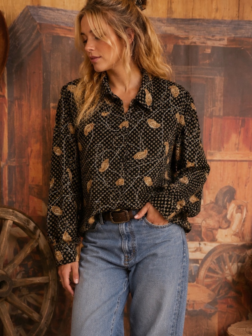 Vintage Member Paisley Polka Dot Button-Up Blouse - Size L
